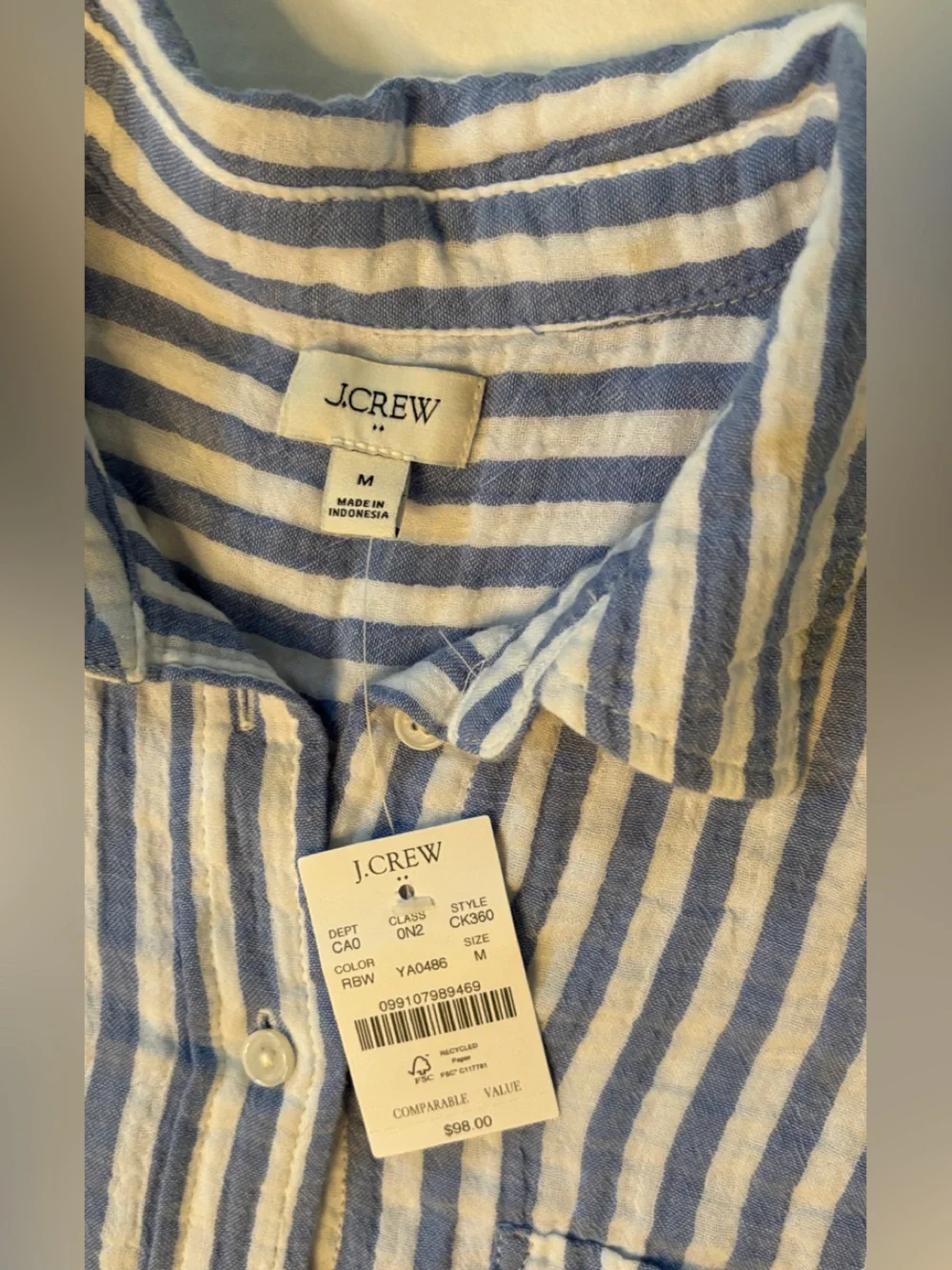 J.Crew Women’s NWT Blue White Striped Cotton Button Down Shirt Size M
